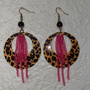 Earrings - dangling cheetah print with pink chains
